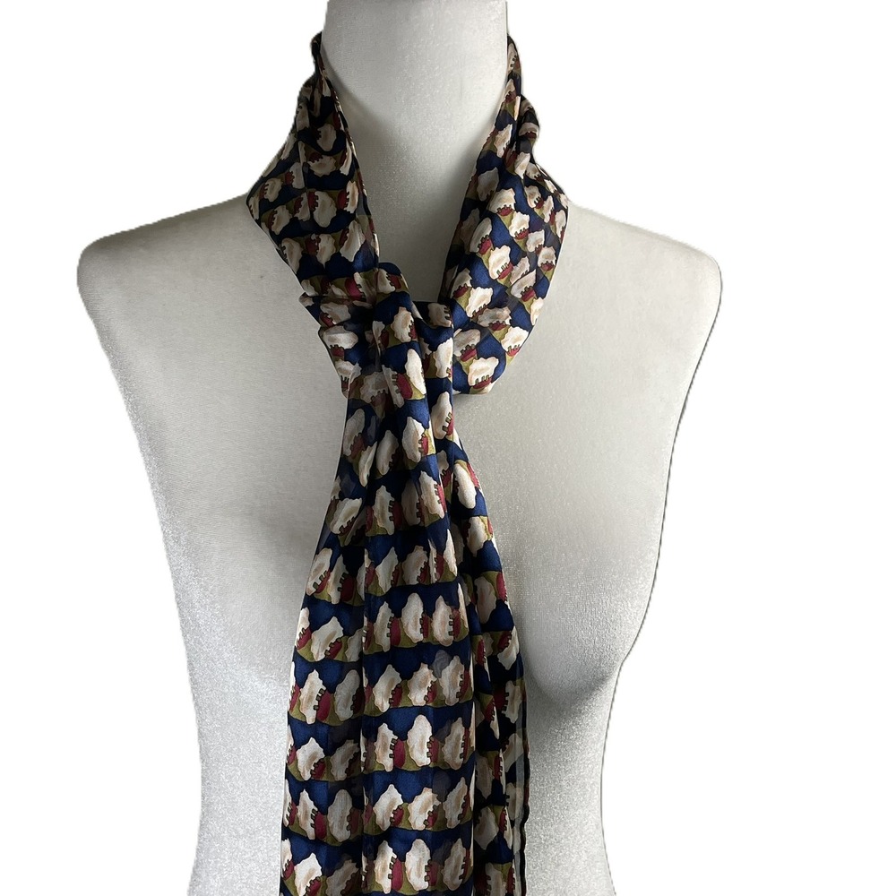 Vintage Style 100% Silk Abstract Geometric Print Scarf Navy Blue Cream 64x13 - Picture 2 of 12